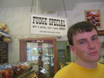 Of course, we stopped in at Kilwin's for ice cream!  Bro poses with the Fudge Sign, cuz he loves the fudge.