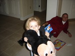Today a HUUUUGE package came from Aunt Pam and Uncle Don (in Howell Michigan!)   And inside were gifts, including a full-size Mickey Mouse...