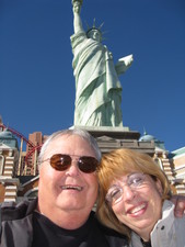 On our way down to the strip -- we stopped for photos in front of New York, New York.  Here's Papa Mike & Grandma Marty! ;)