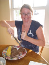 A while later, it becomes reality!  Melanie has her very own t-bone!  Wow!  It was DEEELICIOUS!  Thank you to Dale & Donna for preparing a delicious evenin' of goodness!